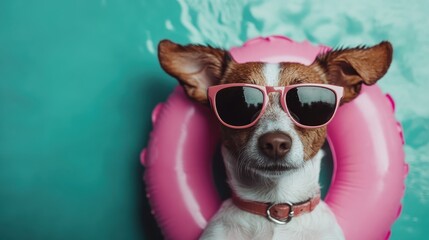 A cute dog with its ears perked up, floating in the water with a pink pool float, against the backdrop of a turquoise pool, encapsulating fun and relaxation.
