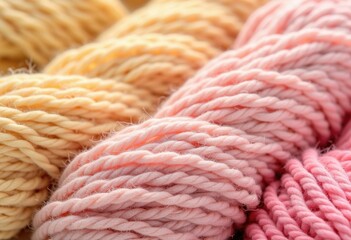 Close-up of soft, colorful yarn bundles in pastel shades, perfect for crafting, knitting, and textile design projects.