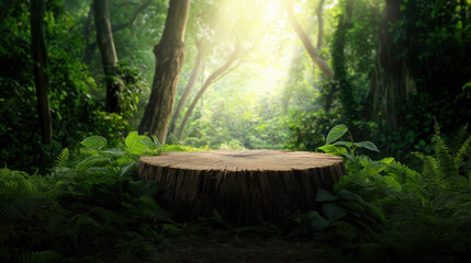 Empty product podium made from freshly cut tree stump set against a lush forest background