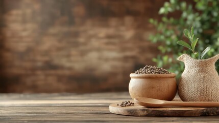 A wooden table with a bowl of beans and a spoon next to it