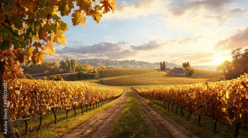 Aufkleber a road runs through a vineyard with a house in the distance. the road is lined with trees and the sk