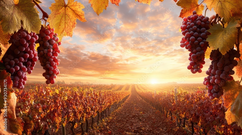 Poster a field of grapes with a beautiful sunset in the background. the grapes are ripe and ready to be pic