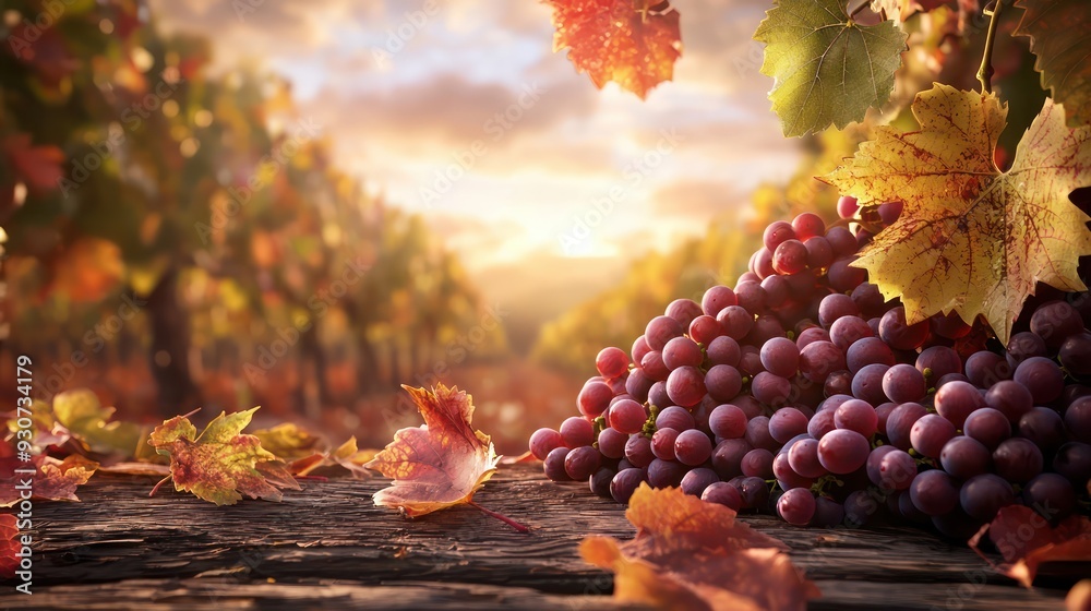 Aufkleber a bunch of grapes and leaves on a wooden table. the image has a warm and inviting mood, with the gra