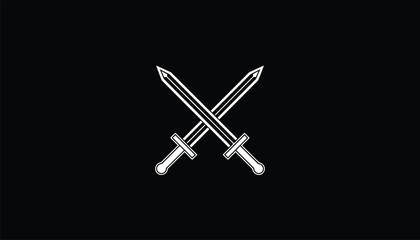 Realistic Crossed Swords Design, White Outline on Black Background