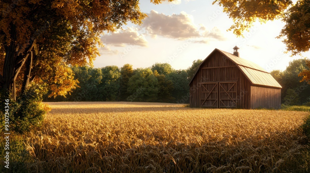 Poster A rustic barn sits in a field of golden wheat. The barn is old and has a lot of character. The scene is peaceful and serene, with the barn and the wheat fields creating a sense of calm and tranquility