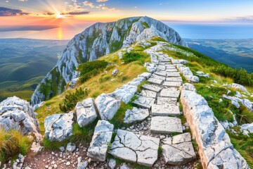 A Photography of Majestic Mountain Sunrise: A majestic sunrise over a mountain range, with the first rays of light painting the peaks in shades of gold and pink, exudes the exuberance of sunrise beau