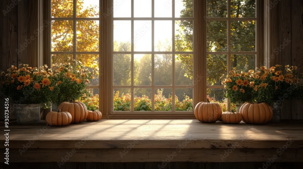 Poster A window with a view of trees and a table with pumpkins and flowers. Scene is warm and inviting