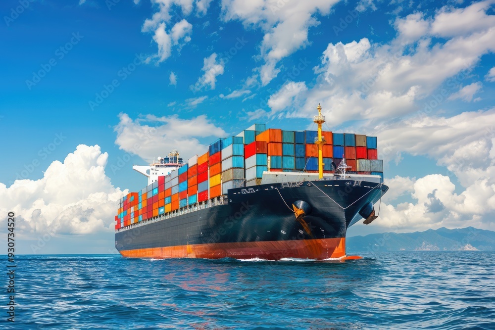 Poster large container ship sailing on open ocean waters