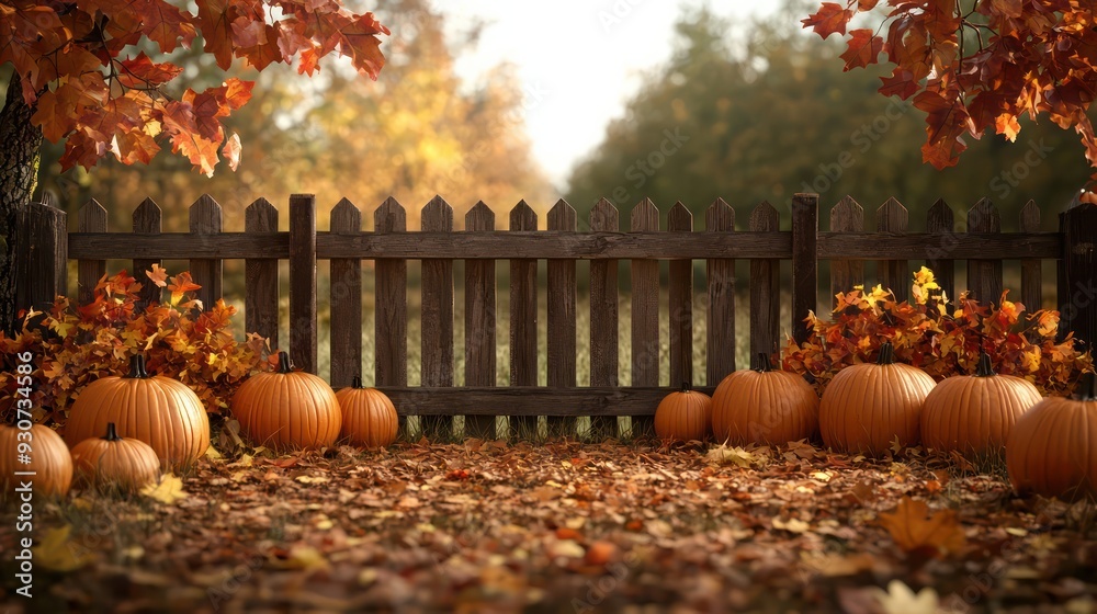 Poster a wooden fence with a row of pumpkins and leaves in front of it. the scene has a warm and inviting m