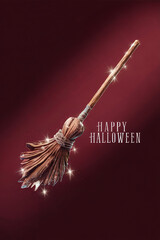 broom stick with happy halloween text with flat background poster