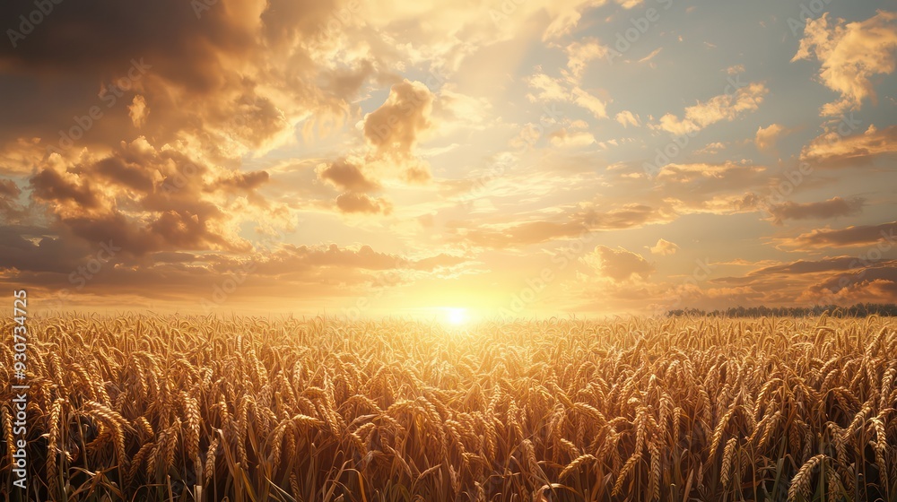 Fototapete a field of golden wheat with a bright sun in the sky. the sun is setting, casting a warm glow over t