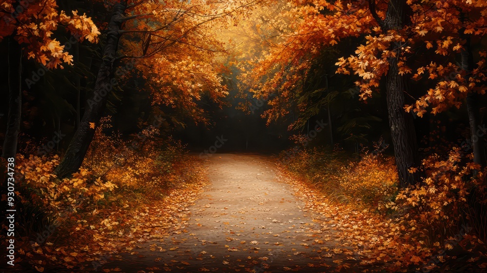 Poster a path through a forest with autumn leaves on the ground. the leaves are orange and yellow, and the 