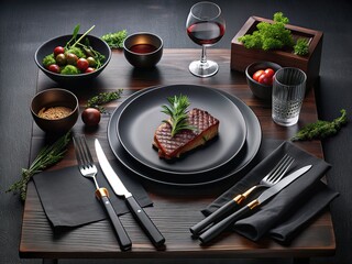 Matte black steak dinner table setting minimalist modern decor