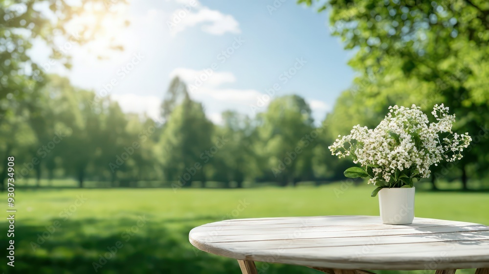 Poster a white table with a vase of white flowers on it. the table is surrounded by trees and grass, creati