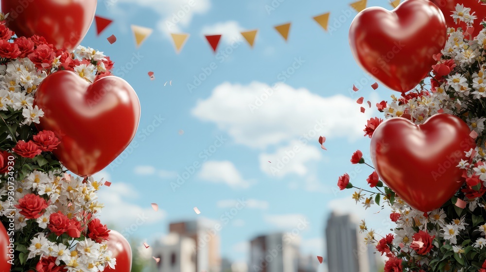 Poster a bouquet of red hearts and yellow and red flags are hanging from a tree. the flowers are surrounded