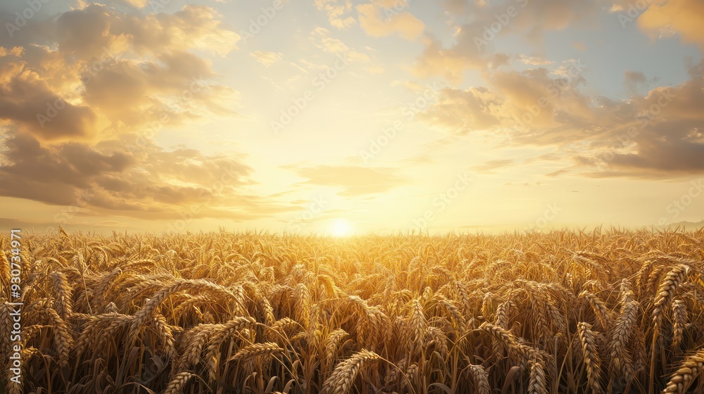 Aufkleber a field of golden wheat with a sun setting in the background. the sky is filled with clouds, creatin