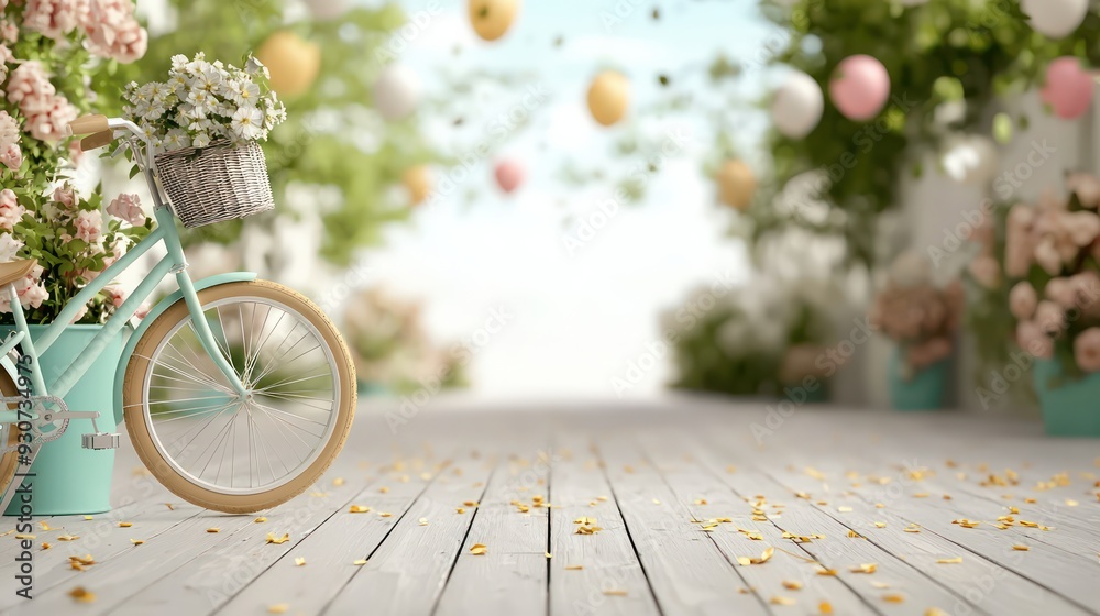 Poster a bicycle is parked in front of a white fence. the bicycle is decorated with flowers and balloons. t