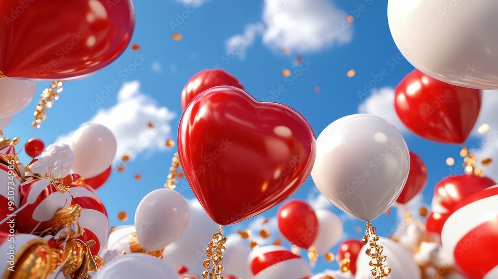 Poster a bunch of red and white balloons with a heart in the middle. the balloons are floating in the air a