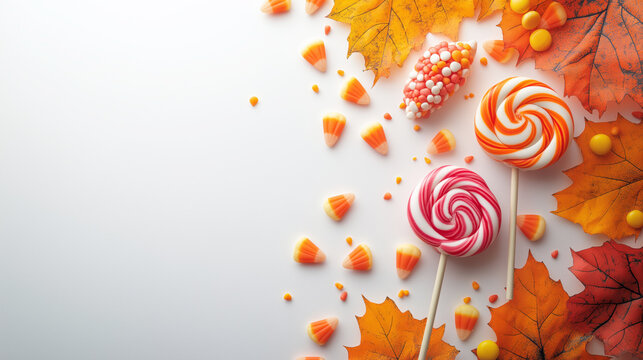 Candy corn and lollipops on a white background with autumn leaves. Background for Halloween or the fall season