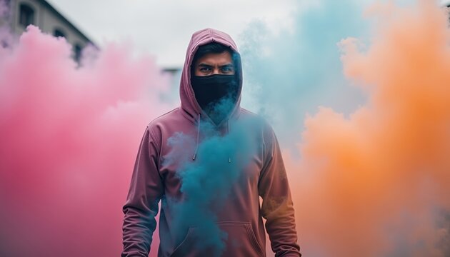 A mysterious figure in a hoodie and mask stands amidst colorful smoke, evoking intrigue and creativity. Ideal for youth culture, streetwear fashion, and event promotions.
