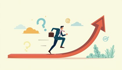 A businessman sprinting upwards along a rising arrow, symbolizing growth, progress, and success in the competitive corporate landscape.