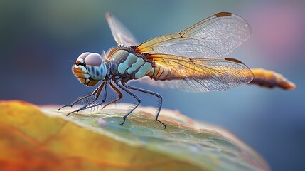 A close-up of a dragonfly resting on a colorful leaf.
