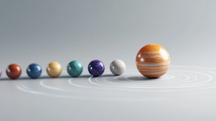 A modern and vivid model of the solar system showcasing colorful planets aligned in orbit around a larger planet, set against a minimalist plain backdrop for emphasis.