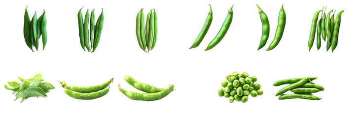 Fresh green peas, pods, and leaves displayed in various arrangements. vibrant green color evokes freshness and health. 