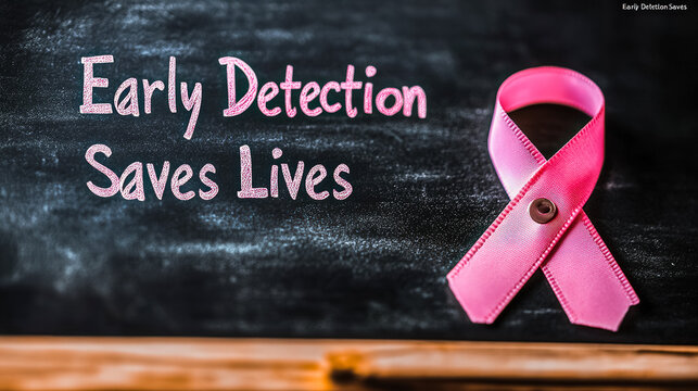 Pink ribbon with "Early Detection Saves Lives" message on a chalkboard, advocating breast cancer awareness.