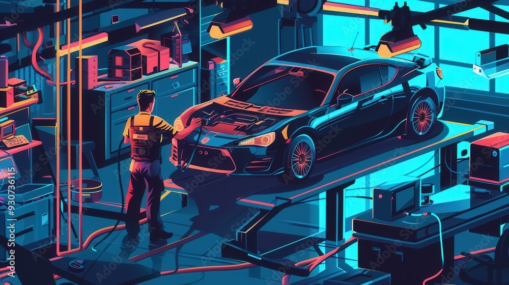 Poster A mechanic is conducting a computer diagnosis on a car while working on engine repairs in an automotive workshop environment. Generative AI
