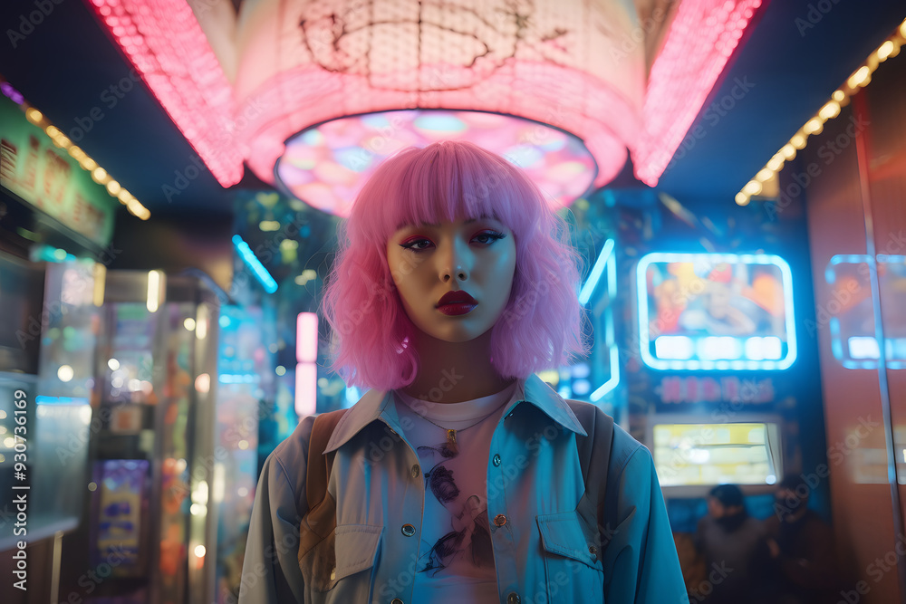 Wall mural woman with pink short hair and a blue jacket is standing in front of a pink neon lights environment