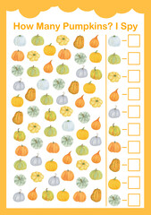 Autumn I spy, How many pumpkins counting educational game for kids with vegetables, watercolor illustration, educational puzzle, printable worksheet for kids, leisure or study game, teachers resources