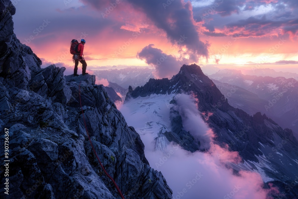 Poster a person standing at the summit of a mountain with breathtaking scenery in the background