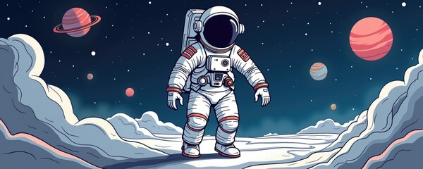 A whimsical astronaut explores a colorful cosmic landscape, highlighting the wonders of space. Perfect for projects related to science, technology, and imagination.