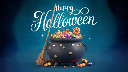 happy halloween witch cauldron full of candies
