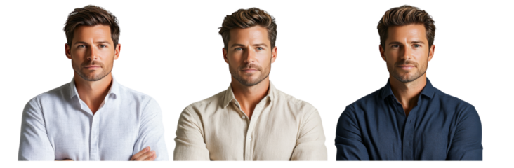 A confident man poses in three different outfits, showcasing range of styles and expressions. His demeanor is calm and self assured. 