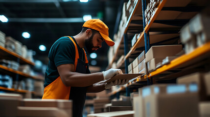 Warehouse worker checking inventory in a large storage facility.