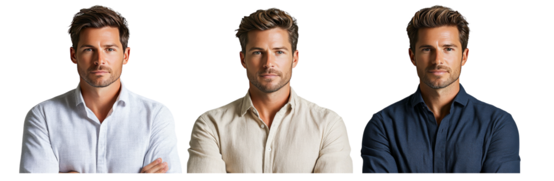 A confident man poses in three different outfits, showcasing range of styles and expressions. His demeanor is calm and self assured. 