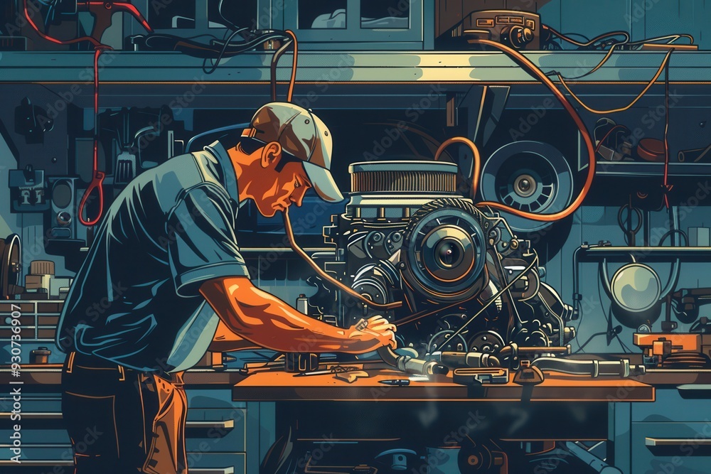 Leinwandbilder a mechanic analyzes data and works on an engine repair in a well-equipped automotive workshop, ensur