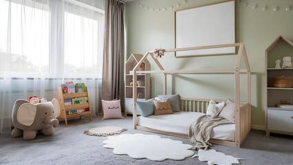 stokrotki, Przytulna sypialnia, drewniane łóżko w kształcie domku, pastelowe zielenie, beżowe odcienie, minimalistyczne dodatki, motyw stokrotek, pościel z wzorem stokrotek, dekoracje stokrotki, 