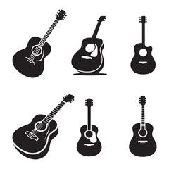 Fototapeta premium Electric guitar silhouette set on white background, Acoustic guitar silhouette, Acoustic and heavy rock electric guitars musical instruments
