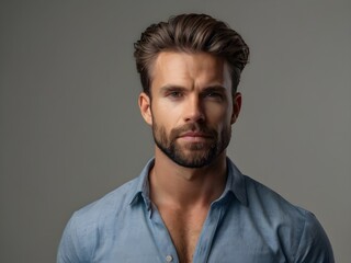 Obraz premium handsome man with a beard wearing a casual light blue shirt, confident and approachable, isolated on a plain background