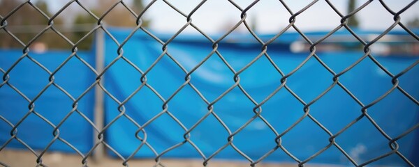 Fototapeta premium A close-up of a chain-link fence with a blue tarp in the background, ideal for use in construction, security, or property management contexts.