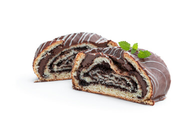 Freshly baked chocolate and poppy rolls isolated on white background
