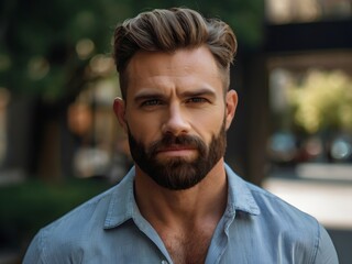 Fototapeta premium bearded man with a stylish haircut wearing a casual blue shirt looking confident, ideal for lifestyle or business-related images