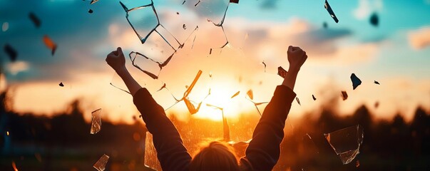 A person breaking through a glass ceiling with determination, representing career progress and overcoming barriers, career progress, success, ambition, empowerment