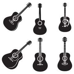 Naklejka premium Electric guitar silhouette set on white background, Acoustic guitar silhouette, Acoustic and heavy rock electric guitars musical instruments