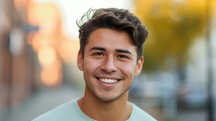 Obraz premium A young man with a warm smile and brown eyes looks directly at the camera.
