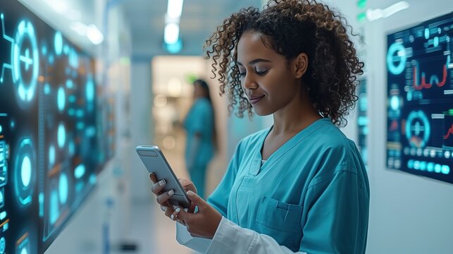 Nurse Utilizing Mobile Health Device for Patient Monitoring, Innovative technology enhancing patient care, real-time health data tracking, improving healthcare outcomes.