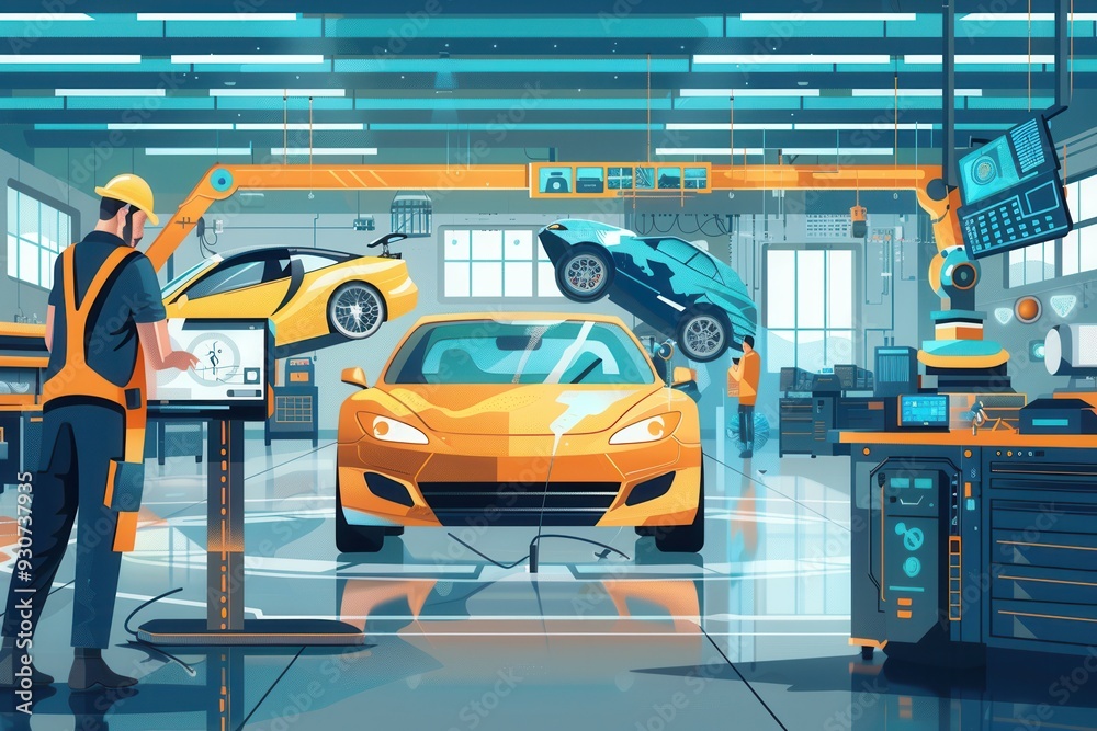 Aufkleber A mechanic conducts a computer diagnostic on a car while working on engine repairs in a well-equipped automotive workshop. Generative AI